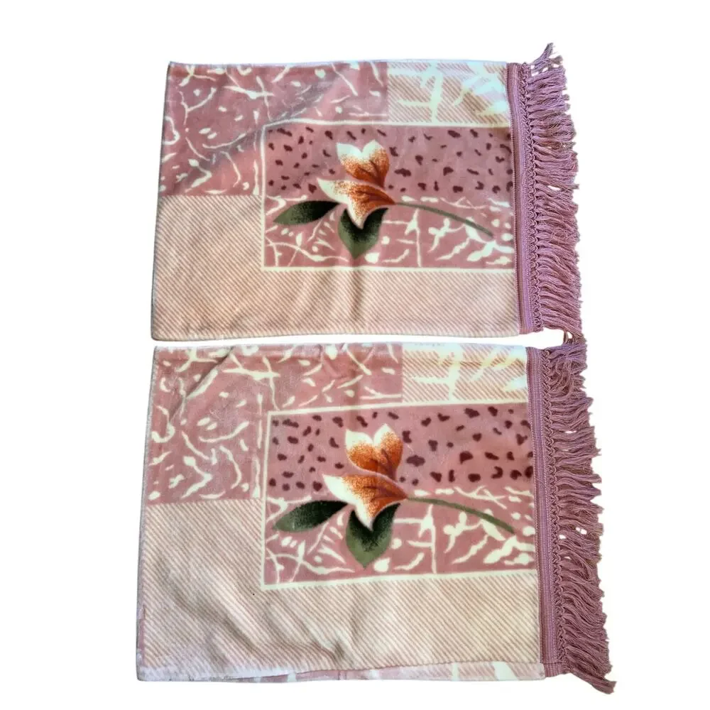 2 Vintage Korean minky blanket pillow shams fringe pink roses